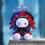 The Pastor figure, star‑crowned bunny in red‑and‑black vestments with cross halo
