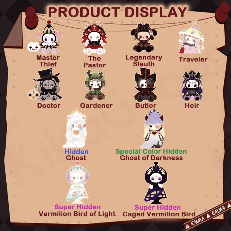 Illustrated line‑up of all Frostveil Villa Blind Box designs, hidden ghosts and Vermilion Birds

