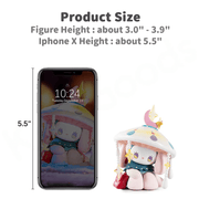 Size guide comparing a 3.0–3.9‑inch Frostveil Villa Blind Box figure with a 5.5‑inch iPhone X
