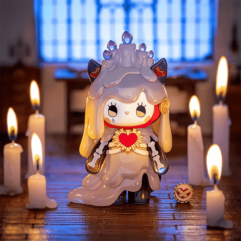 Traveler figure, wax‑draped bunny surrounded by candles, hearts and crystal accents
