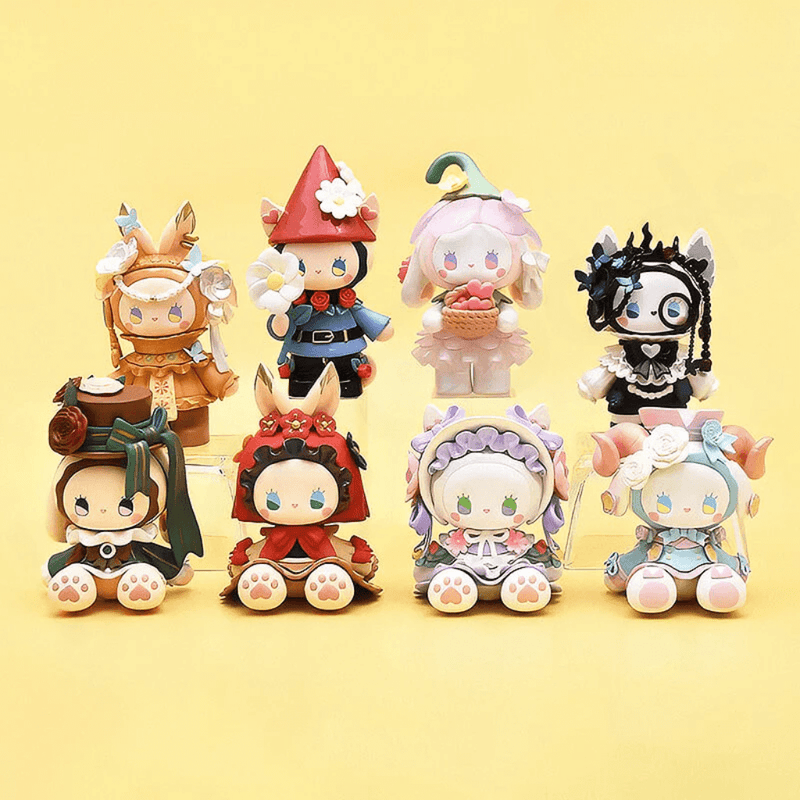 Group shot of all Emma Secret Forest Garden Date Blind Box figures on yellow backdrop