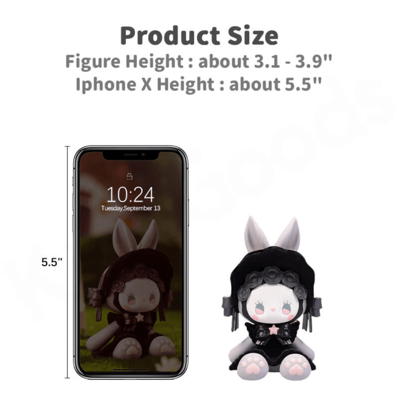 EMMA Secret Forest Garden Party Series 2 size guide showing figure height beside an iPhone X
