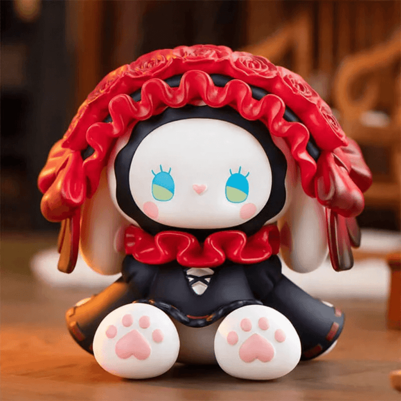 Last Rose figure, black‑gown bunny with deep‑red rose bonnet from Poetry Party collectables

