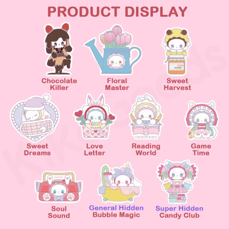 Illustrated line-up of all Love Dopamine Series blind box designs & rarity chart

