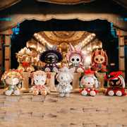 All nine Emma Secret Forest Masked Masquerade figures lined up on a theatre stage, spotlit group photo
