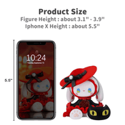 Carmen mini figure beside iPhone X; figure height 3.1-3.9 in, phone 5.5 in, scale reference for collectors
