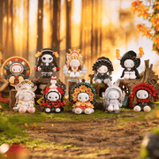 Group shot of all Emma Secret Forest Poetry Party Blind Box figures arranged in a woodland scene
