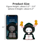 Size guide comparing a 3.2–3.9‑inch Poetry Party figure with a 5.5‑inch iPhone X
