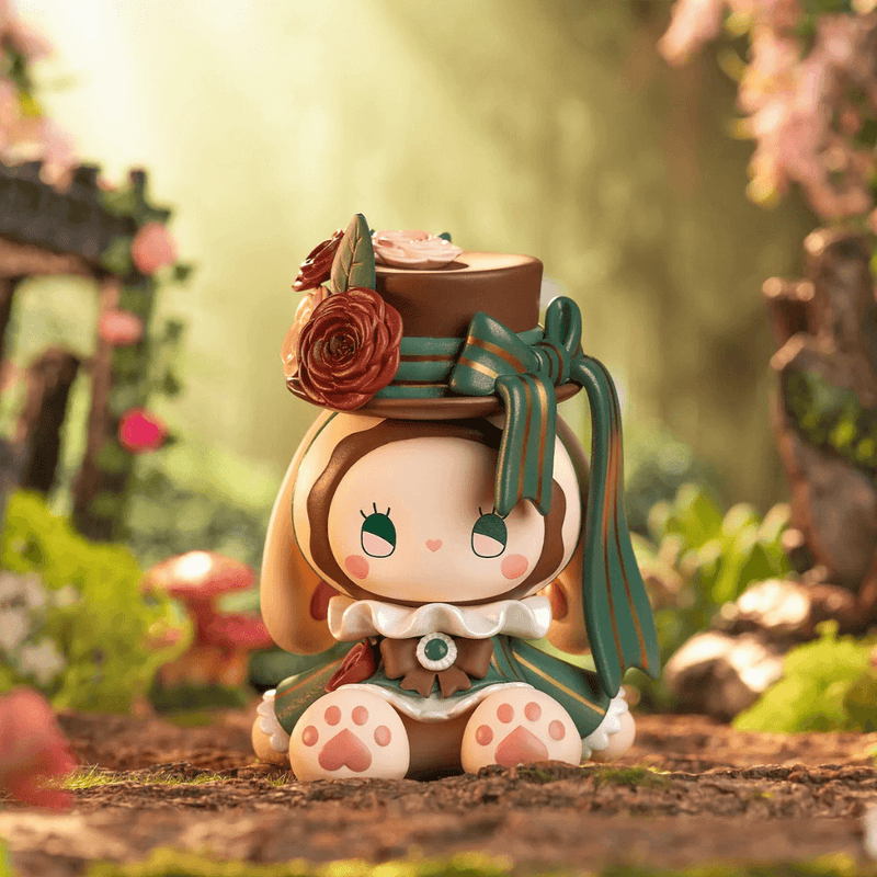 Rose figure from Emma Secret Forest Blind Box, emerald‑ribboned bunny wearing a rose‑topped hat
