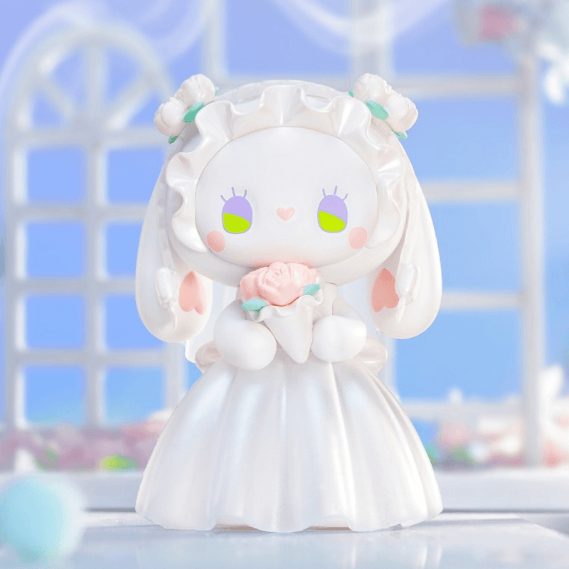 Emma Secret Forest Wedding Series – Lop Rabbit Bride standing in pearl-white gown holding bouquet
