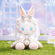 Emma Secret Forest Wedding Series – Rabbit Bride seated in satin dress with tall silver bunny ears
