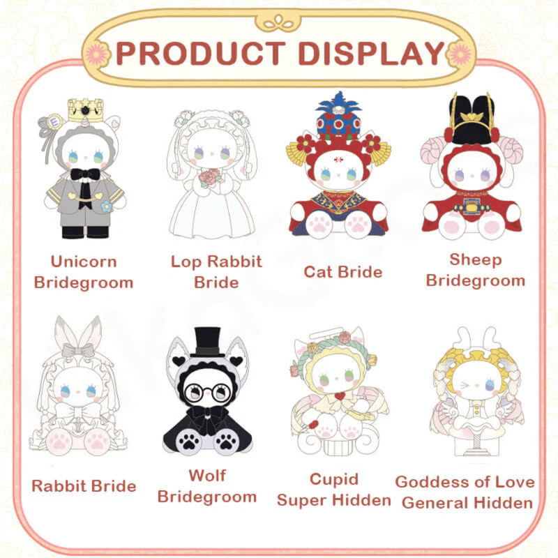 Line-art product display chart showing the eight designs and their names in the Emma Wedding Series

