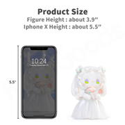 Size guide – Lop Rabbit Bride figure (3.9 in) shown beside 5.5 in iPhone X for scale
