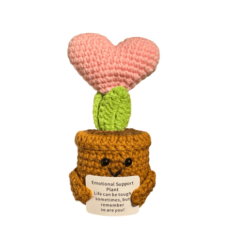 Crochet Emotional Support Plant with pink heart bloom in a yarn pot holding an encouragement message card on white background