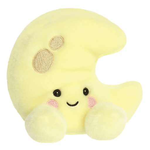 Evelyn Crescent Moon Palm Pals plush with smiling face, pink cheeks, embroidered crater details and soft yellow body.