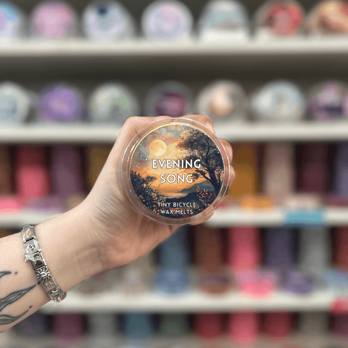 Evening Song wax melt pot with sunset landscape label