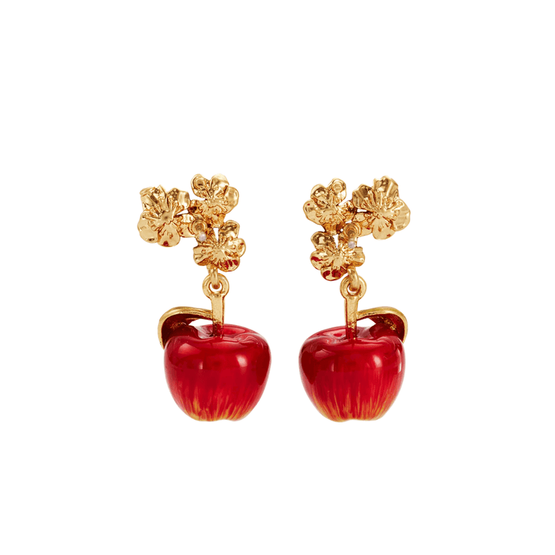 Back of Fable England apple blossom earrings showing gold floral detailing and red apple charms