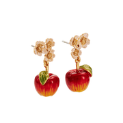 Angled view of gold apple blossom earrings showing stud posts and dangling red apples