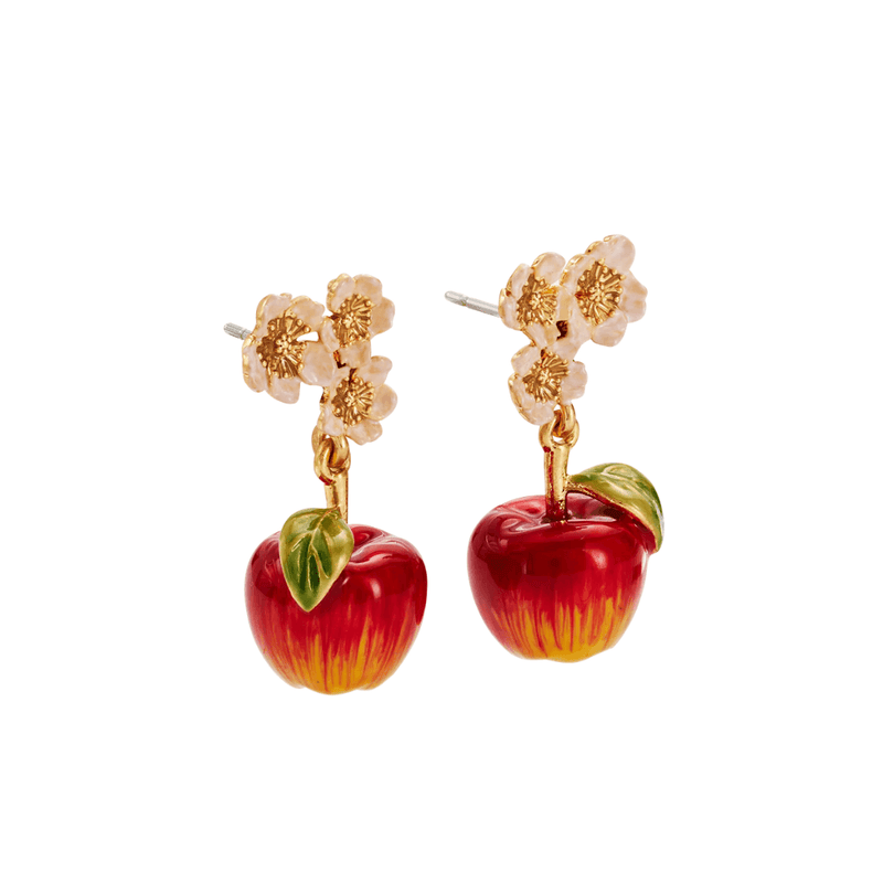 Angled view of gold apple blossom earrings showing stud posts and dangling red apples