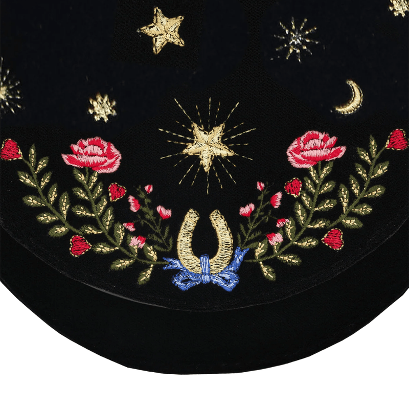 Close-up of golden stars, pink roses and blue-ribbon horseshoe embroidered on black velvet