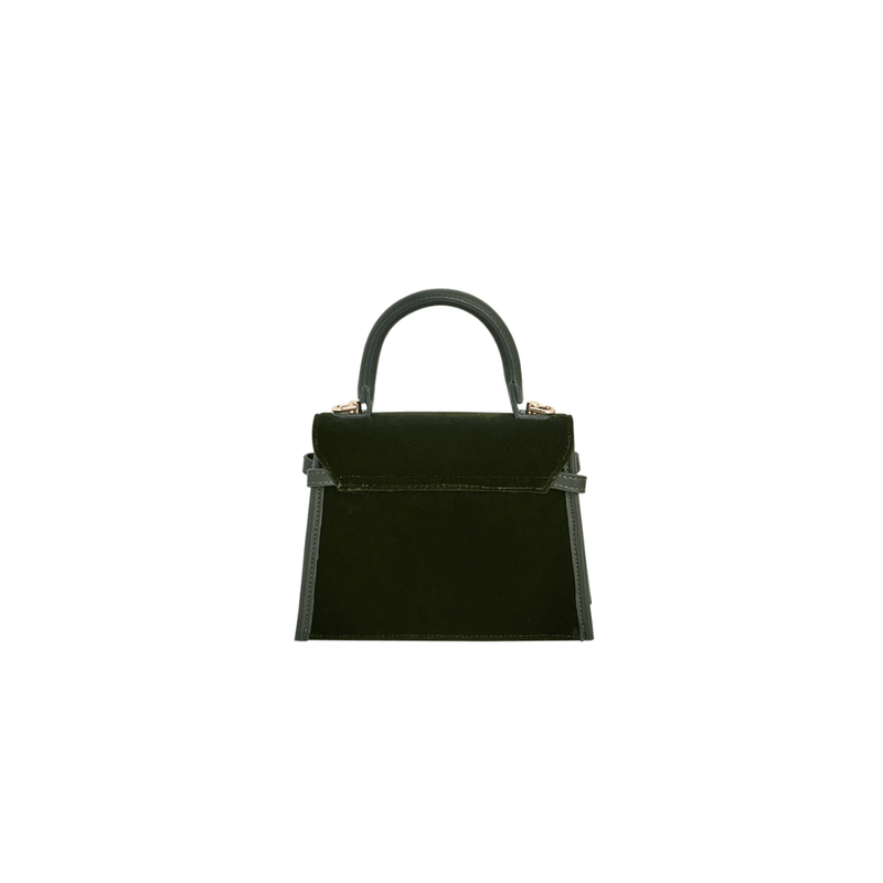 Plain forest-green velvet back of Fable England Eliza handbag with structured top handle