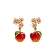 Fable England Apple Blossom Drop Earrings in gold with red apple charms and delicate white flowers