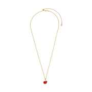 Full view of Fable England gold apple necklace showing its fine chain, adjustable fastening and red pendant