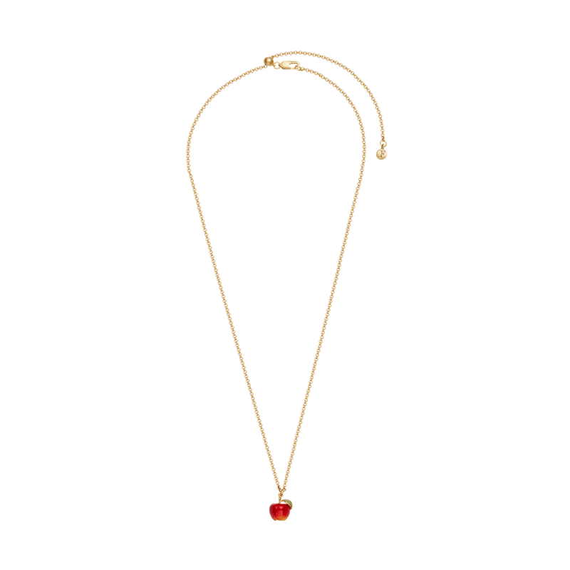 Full view of Fable England gold apple necklace showing its fine chain, adjustable fastening and red pendant