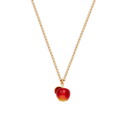 Small red apple charm suspended from the delicate gold chain of a Fable England necklace