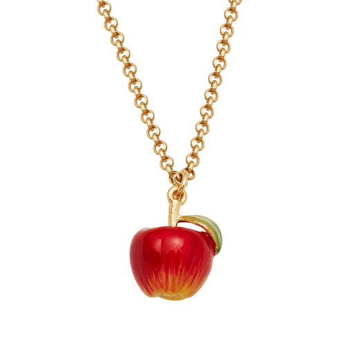 Close-up of Fable England apple necklace showing the red and yellow hand-painted apple and green leaf