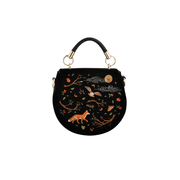Fable England black velvet saddle bag with embroidered fox, flying owl, golden moon and autumn woodland