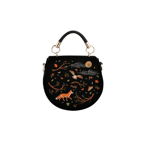Fable England black velvet saddle bag with embroidered fox, flying owl, golden moon and autumn woodland