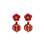 Fable England Blossom & Pomegranate Drop Earrings in gold with red flowers and detailed pomegranate charms