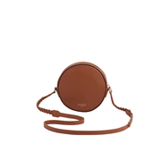 Plain tan reverse of Fable England Bumble Circle Bag with gold branding and plaited strap details