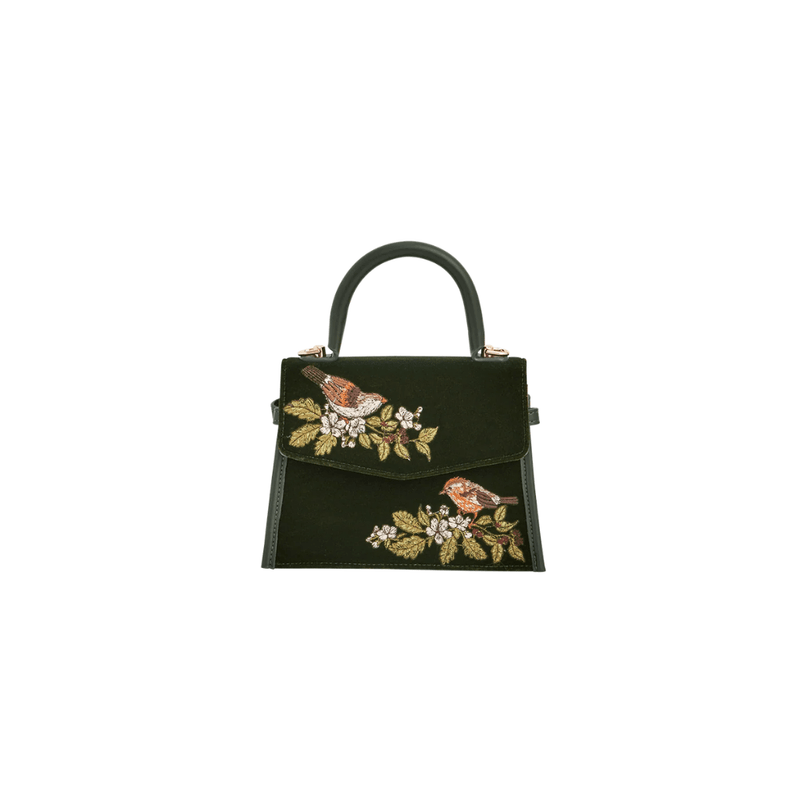 Fable England Eliza green velvet handbag with embroidered wrens, blackberry blossoms and structured top handle