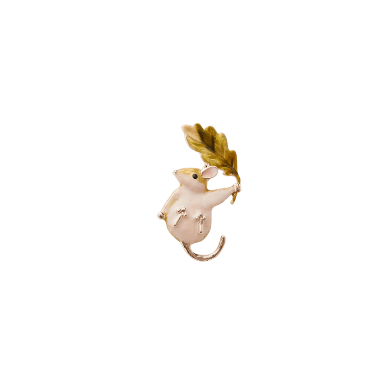 Fable England Enamel Dormouse Brooch in rose gold featuring a cream woodland mouse holding a green oak leaf