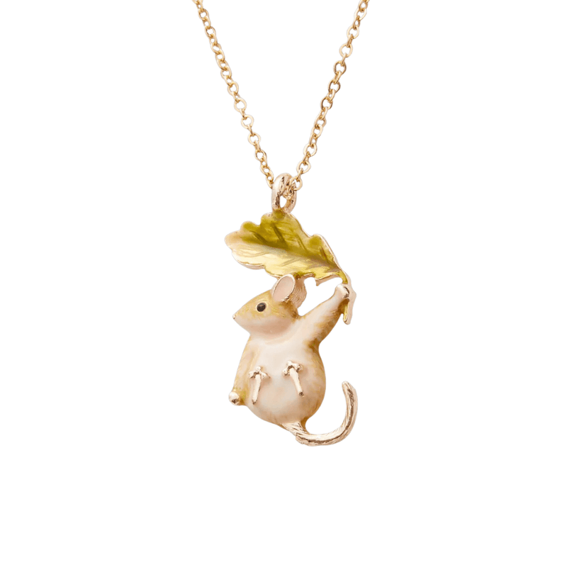 Fable England Enamel Dormouse Necklace in rose gold featuring a cream mouse holding a green oak leaf