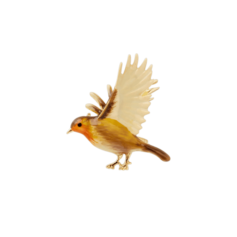 Fable England gold-plated flying robin brooch with hand-painted orange breast and raised cream-coloured wings