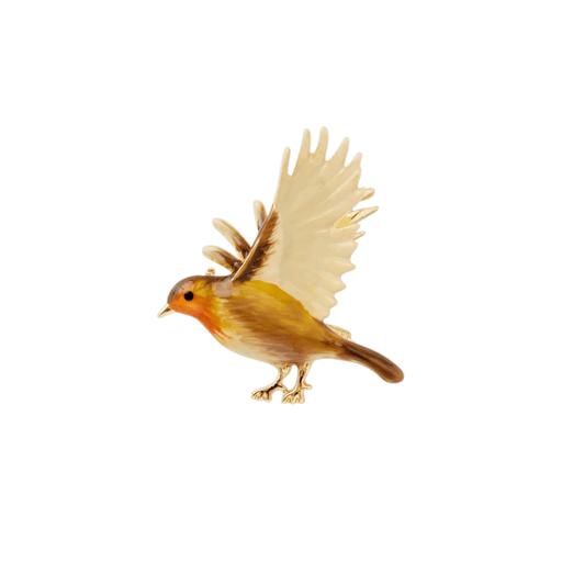 Fable England gold-plated flying robin brooch with hand-painted orange breast and raised cream-coloured wings