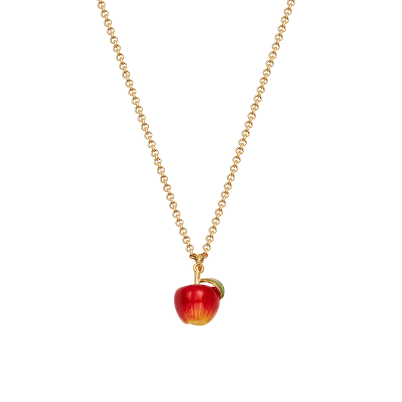 Fable England Apple Necklace in gold featuring a miniature hand-painted red apple pendant