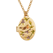 Gold oval robin locket necklace with hand-painted orange-breasted bird, purple blackberries and green leaves