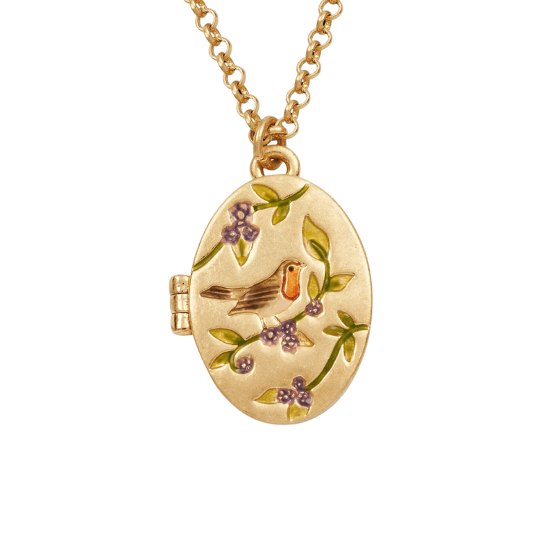 Gold oval robin locket necklace with hand-painted orange-breasted bird, purple blackberries and green leaves