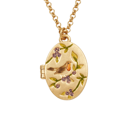 Gold oval robin locket necklace with hand-painted orange-breasted bird, purple blackberries and green leaves
