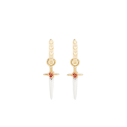 Fable England gold huggie earrings with detachable silver dagger charms, red enamel roses and embossed heart details