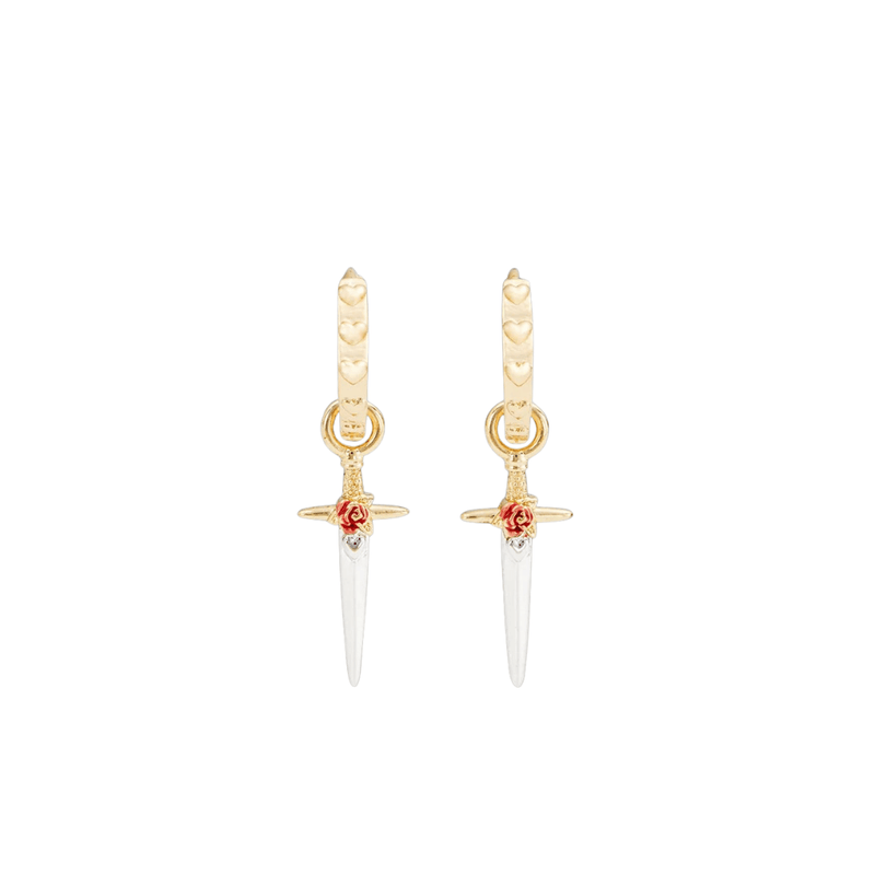 Fable England gold huggie earrings with detachable silver dagger charms, red enamel roses and embossed heart details