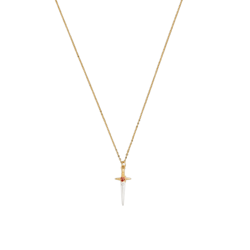 Fable England Gold Rose & Dagger Necklace with a delicate gold chain and silver-coloured dagger pendant
