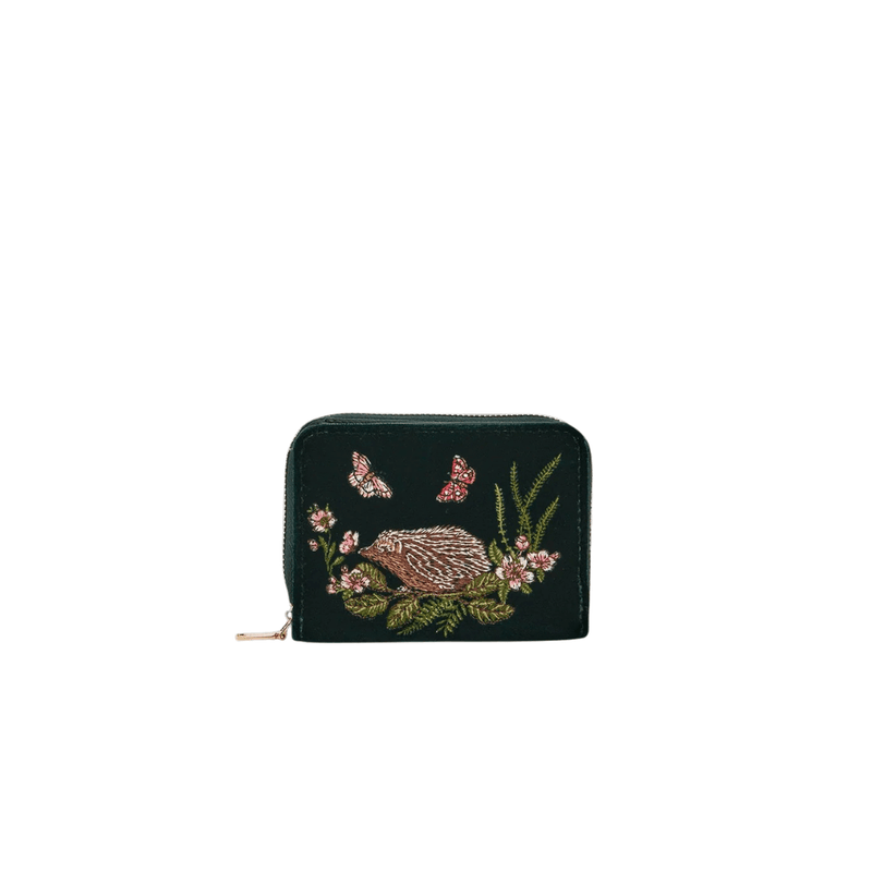 Fable England forest-green velvet purse with embroidered hedgehog, pink butterflies and woodland flowers