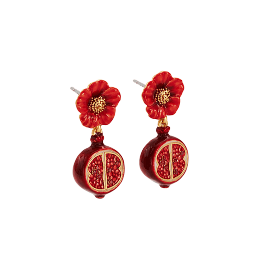 Angled view of Fable England red pomegranate drop earrings with sculpted blossom studs