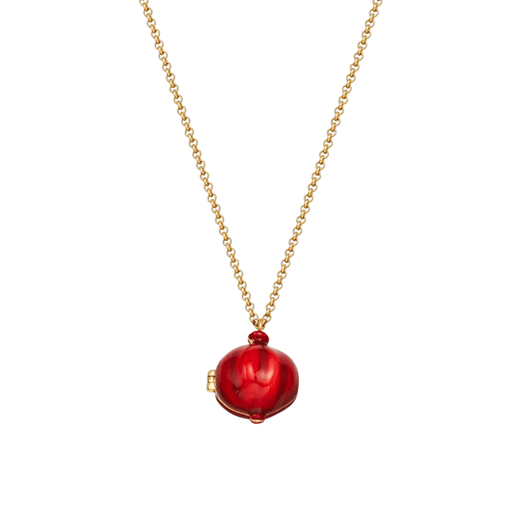 Fable England gold pomegranate locket necklace with glossy red enamel fruit pendant