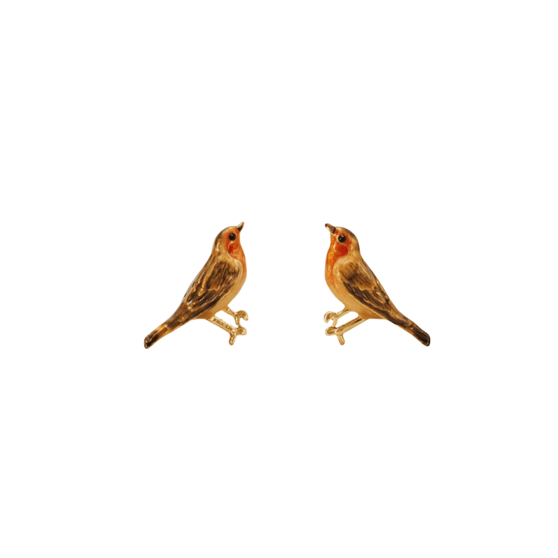 Pair of Fable England gold robin stud earrings with hand-painted orange-red breasts and brown feather details